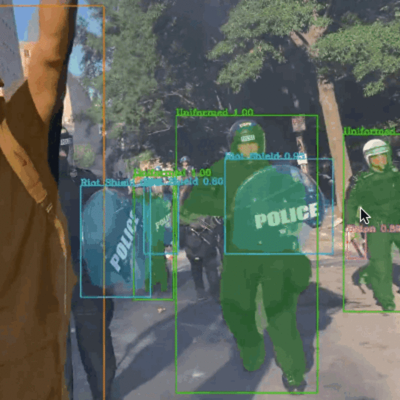 Sample of what SurvAI's violence detection capabilities look like, applied to an image of a protester in a crowd of armed police.