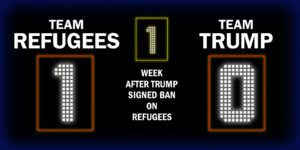 Refugees vs. Trump scoreboard graphic